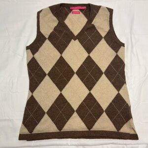 Peter Millar Brown Beige Argyle 100% Cashmere Sweater Vest Preppy Girlhoodcore